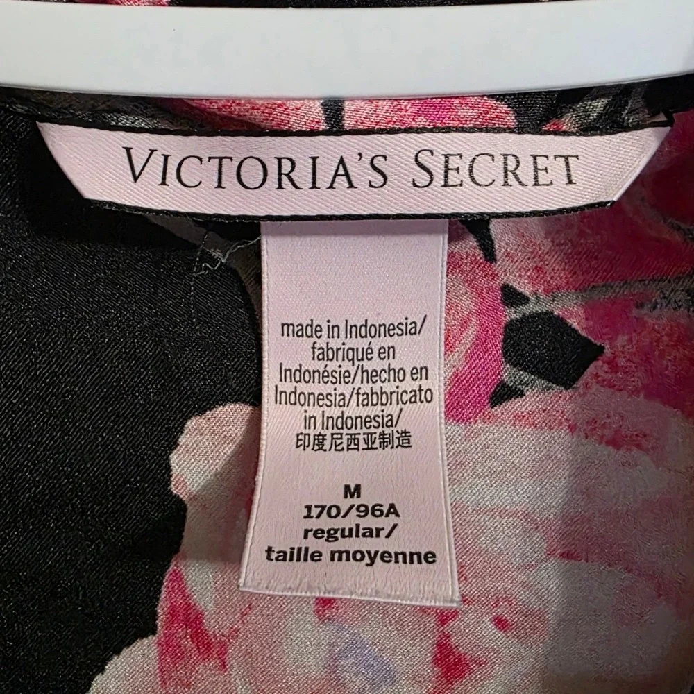 Victoria's Secret Black Pink Floral Silky Pajama Top Monogram Pocket Medium‎